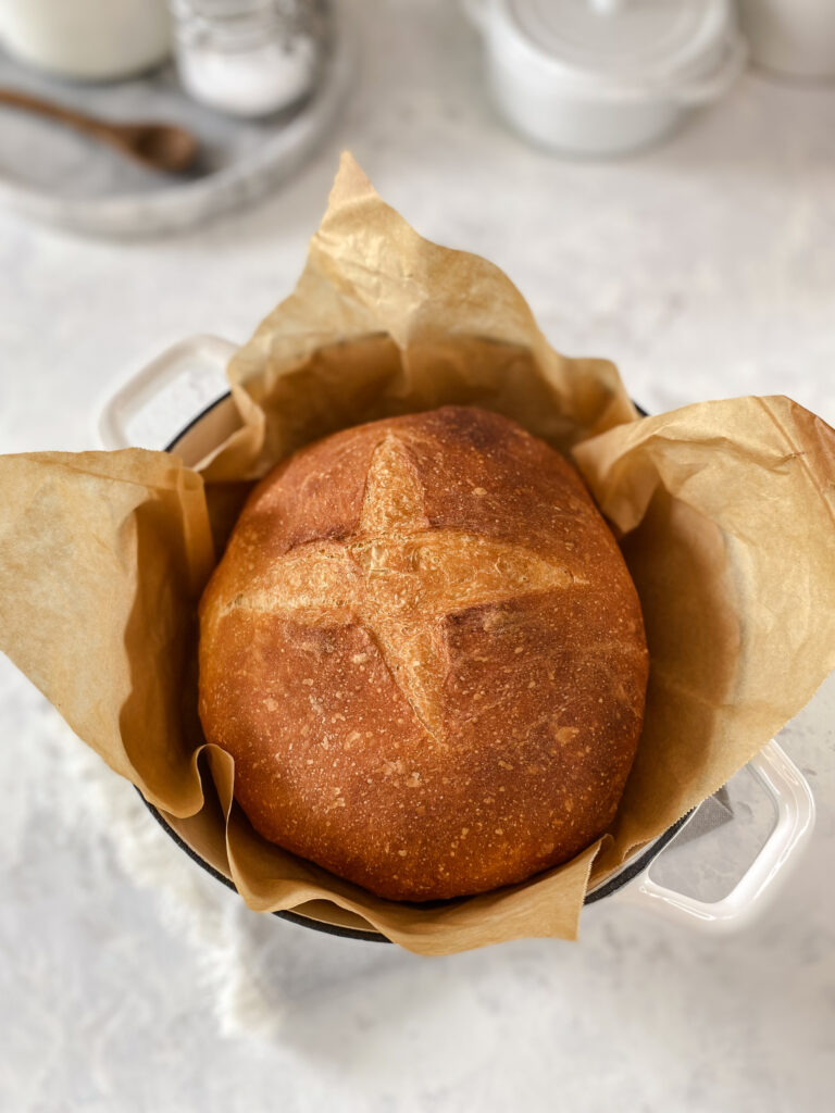 No-knead artisan bread on a countertop.