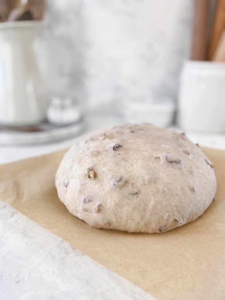 Cranberry walnut dough rising on a piece of parchment paper.