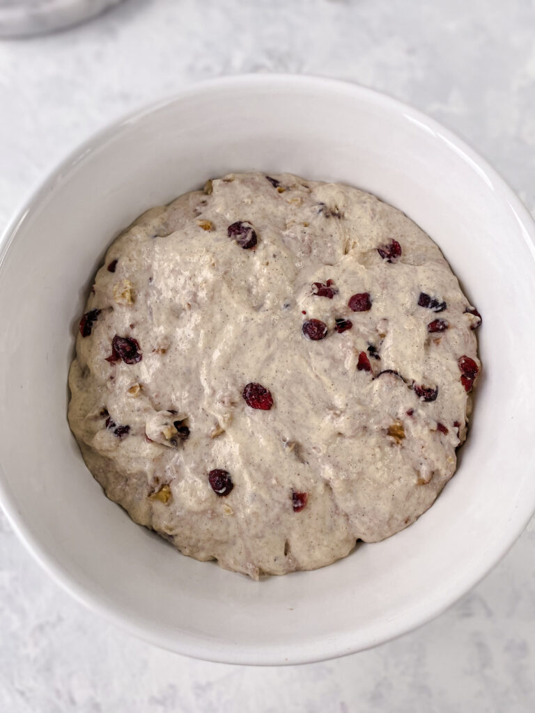 Cranberry nut bread dough proofing in a large white bowl.