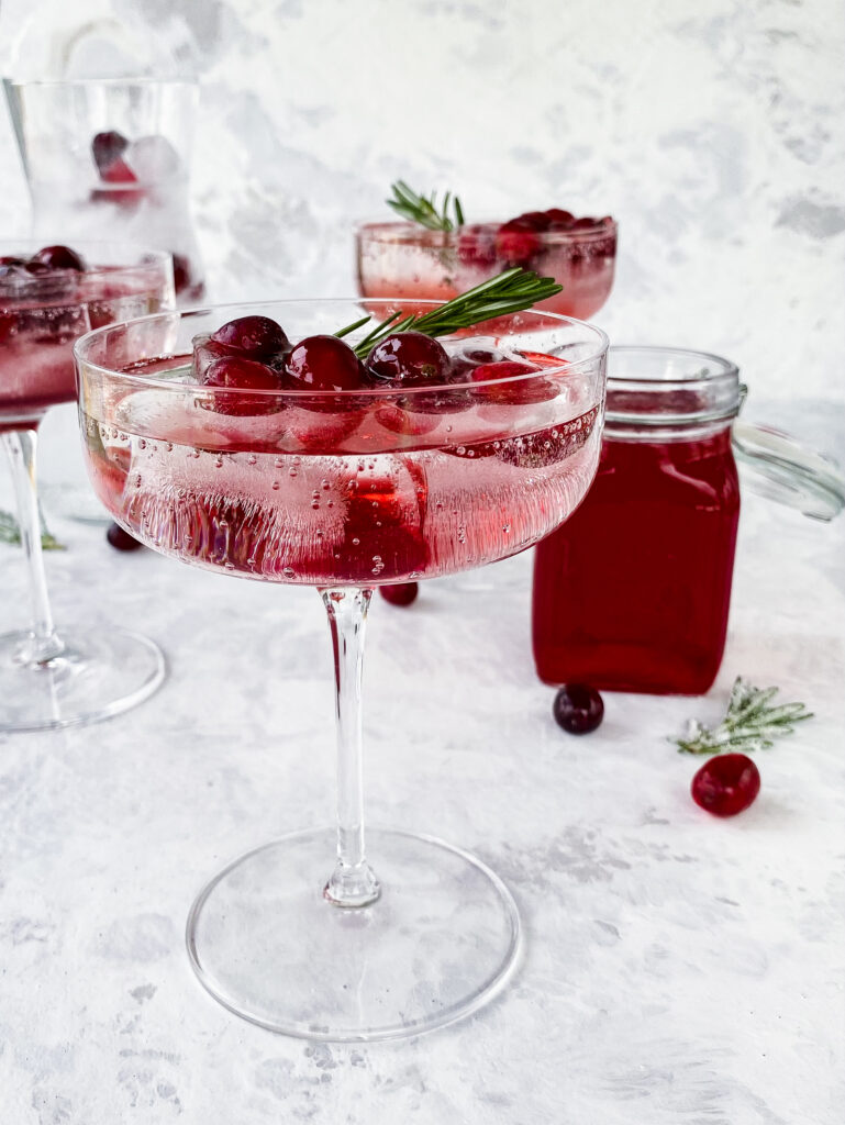 Cranberry shrub and sparkling water in a coup glass with rosemary and cranberry ice cubes.