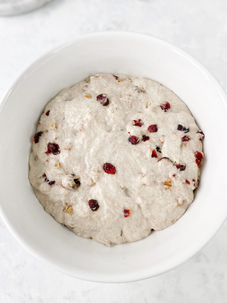 Cranberry walnut bread dough, after rising.