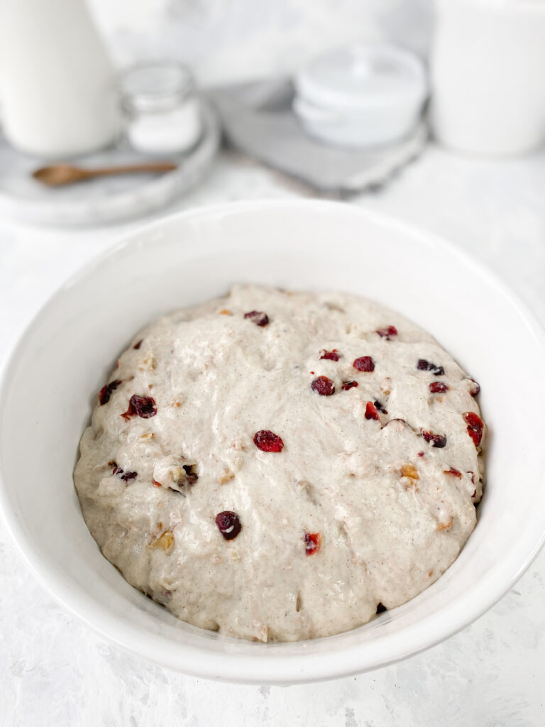 Cranberry walnut bread dough rising in a white bowl.