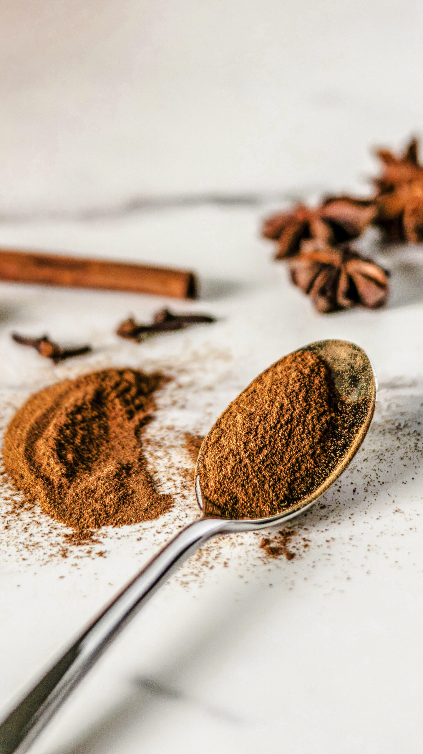 A spoonful of Homemade Baking Spice Blend next to a cinnamon stick and star anise.