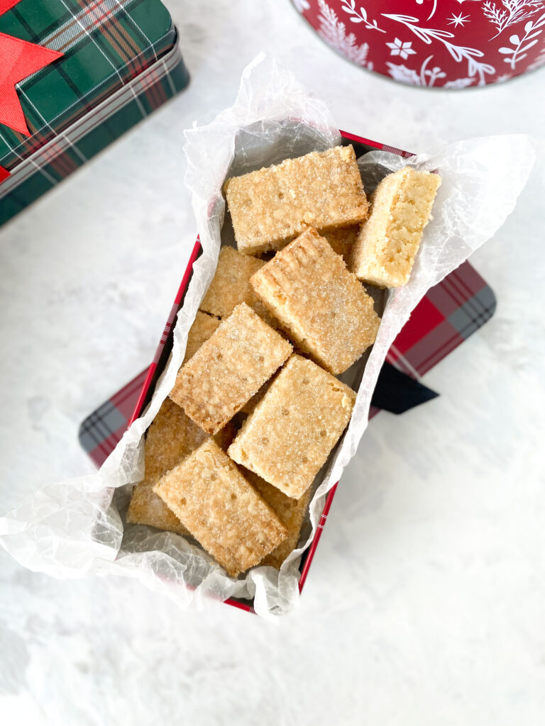 Scottish shortbread biscuits in a plaid cookie tin.