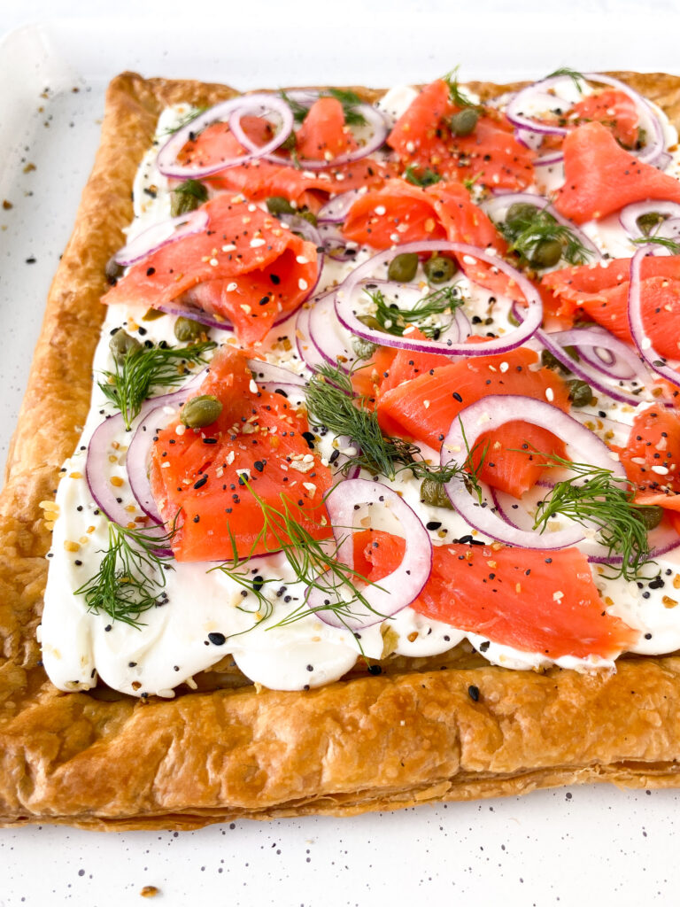 Everything bagel puff pastry smoked salmon brunch tart