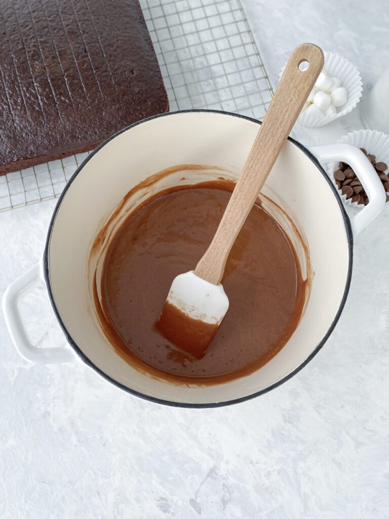 Melted chocolate and marshmallows in a cast-iron pot.