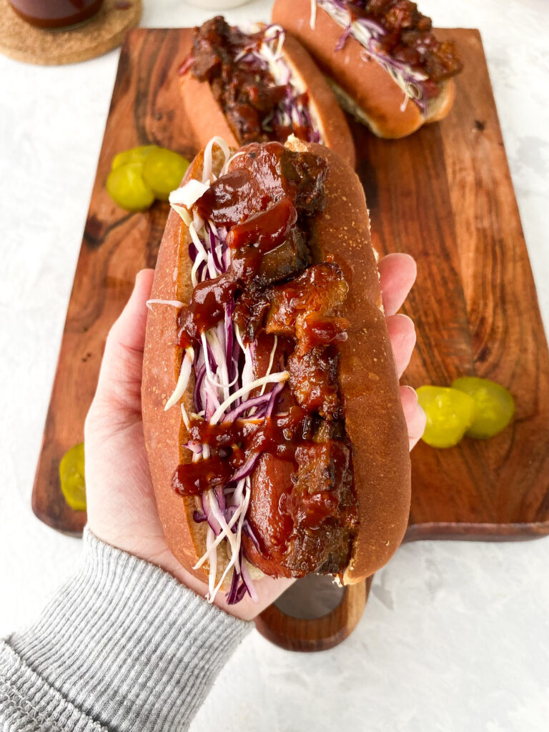 Kansas City Hot Dog loaded with brisket burnt ends, coleslaw, and sweet KC barbecue sauce.