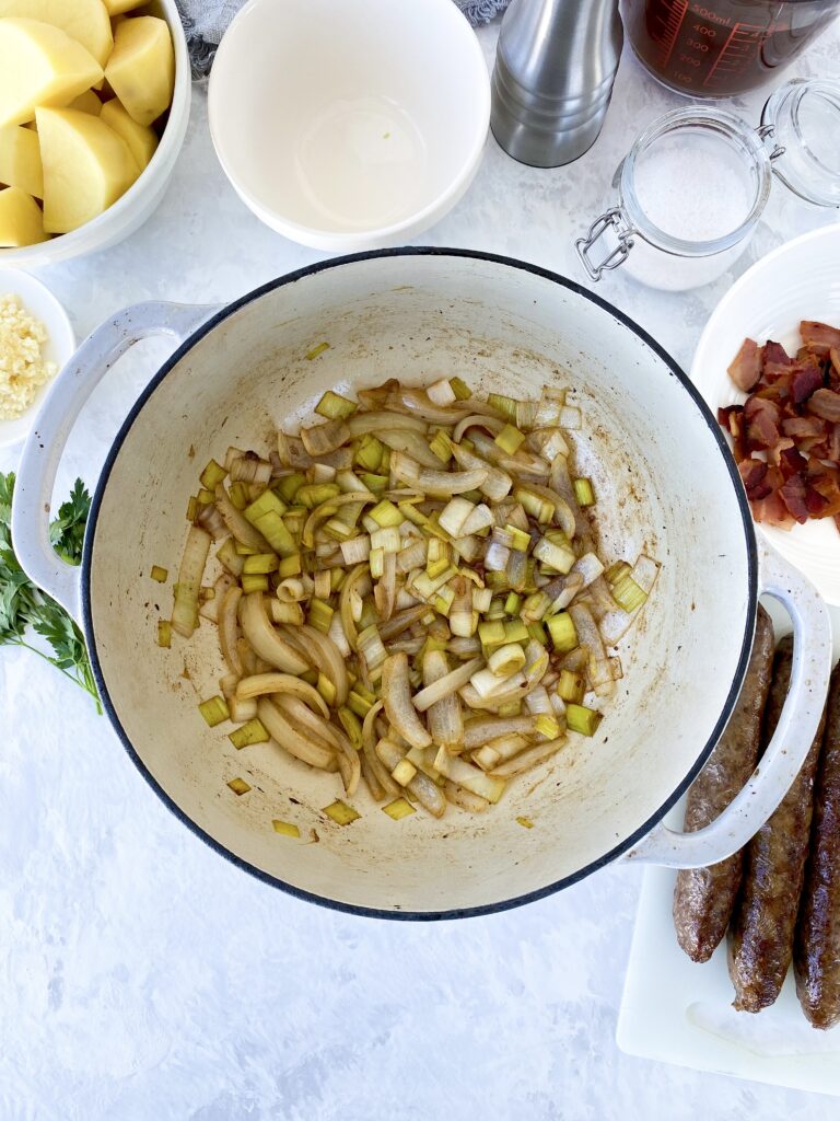 Softened leeks and onions in a dutch oven.