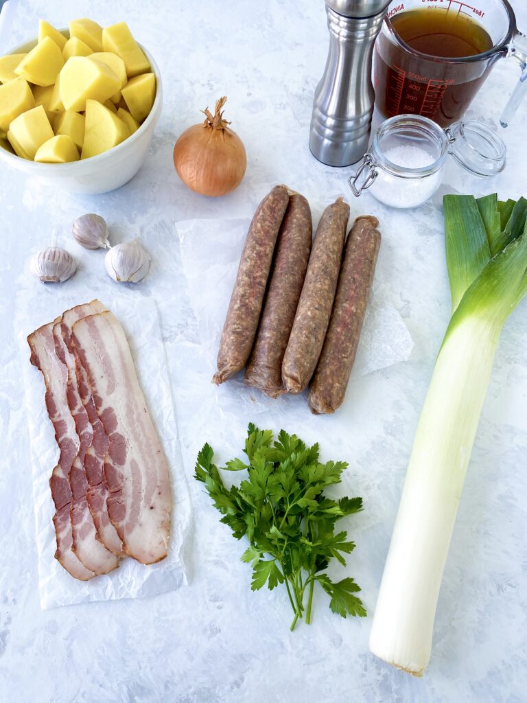 Dublin coddle (Irish sausage and potato stew) ingredients.