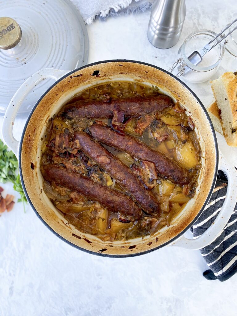 Irish sausage and potato stew (aka Dublin coddle) straight from simmering in the oven.