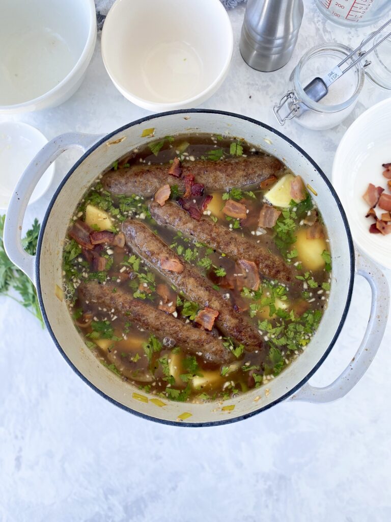 Irish sausage and potato stew (aka Dublin coddle) ready to go into the oven.