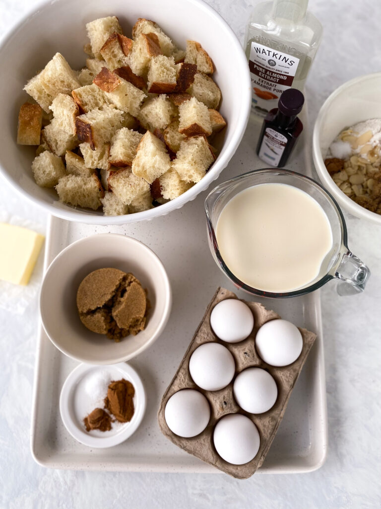 Ingredients for overnight French toast casserole.