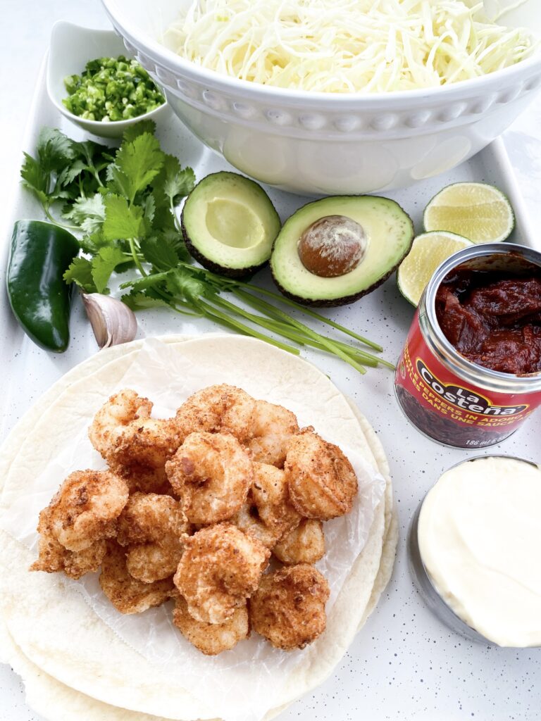 Ingredients for Baja shrimp tacos.