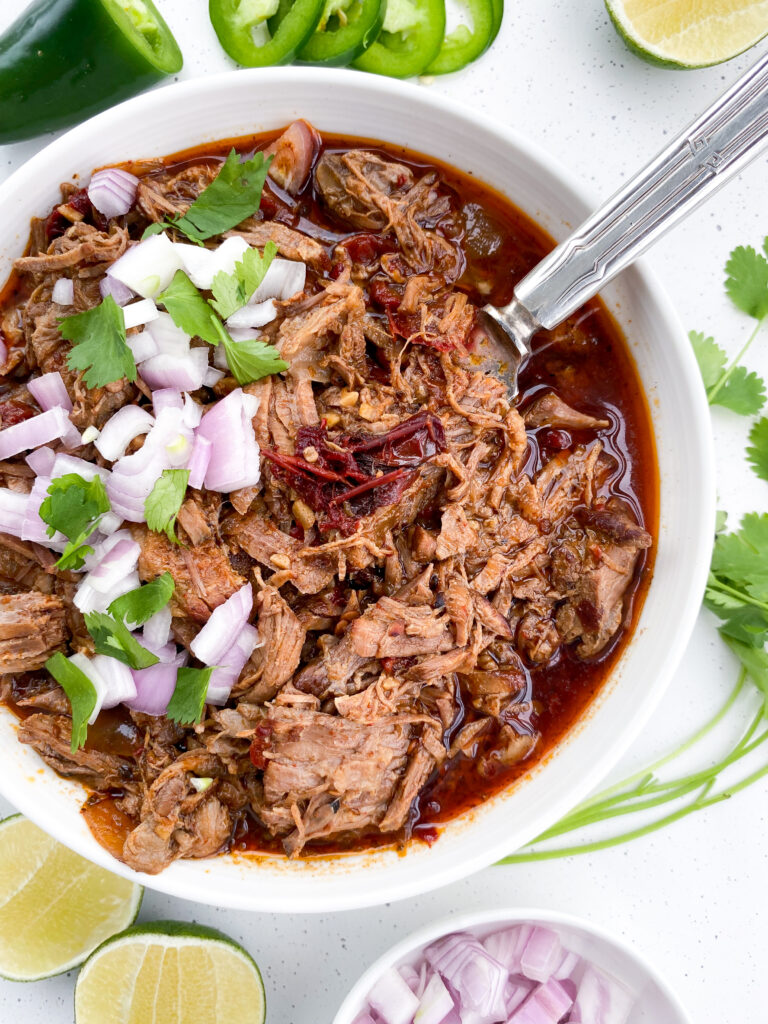 Mexican beef birria topped with diced onions and cilantro.