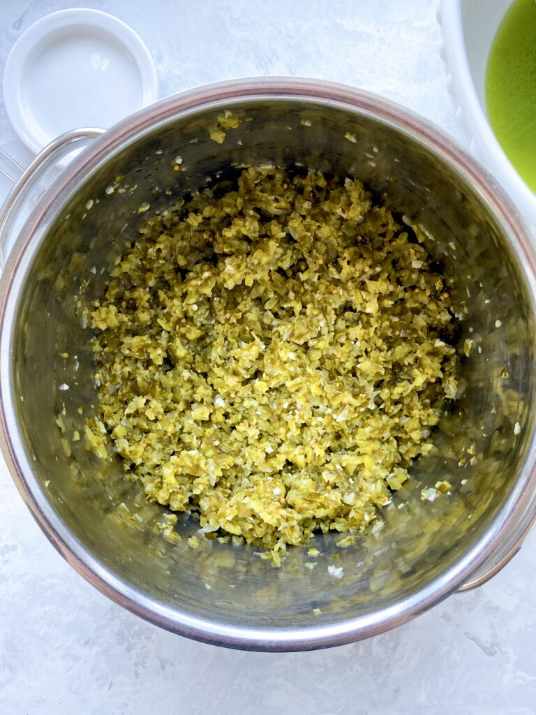 Homemade pickle relish in a pot
