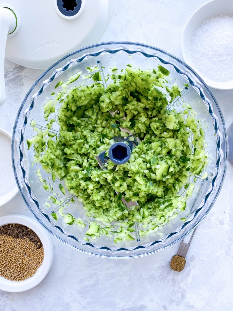 Finely chopped cucumber in a food processor