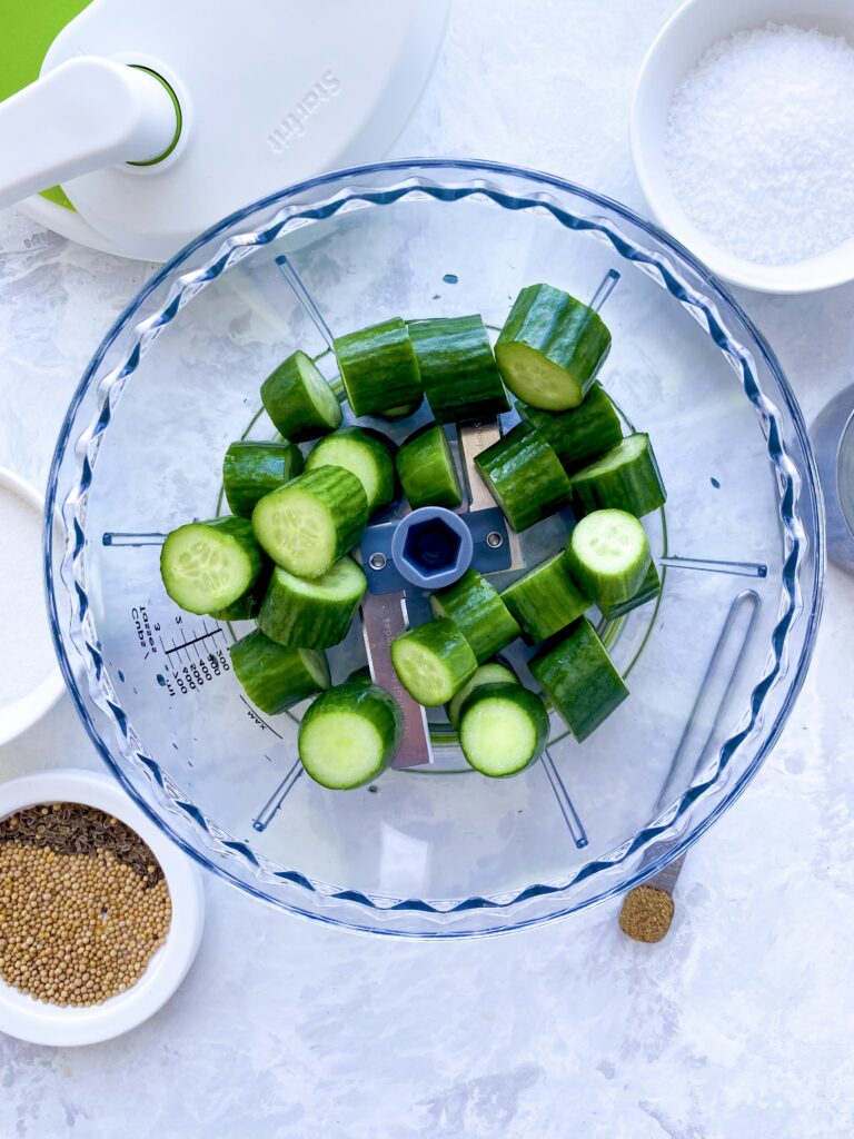 Cubed cucumber in a food processor