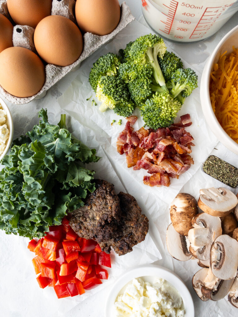 Ingredients for homemade eggs bites 3-ways.