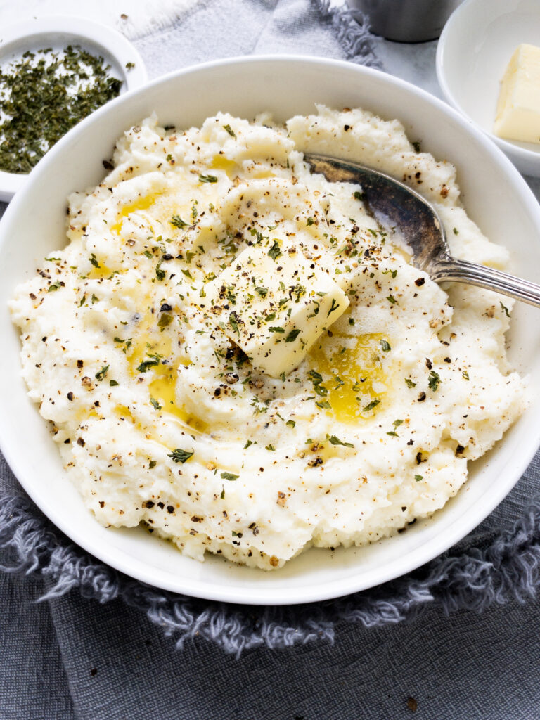 Low-carb and keto-friendly cauliflower mash, perfect for the holidays!