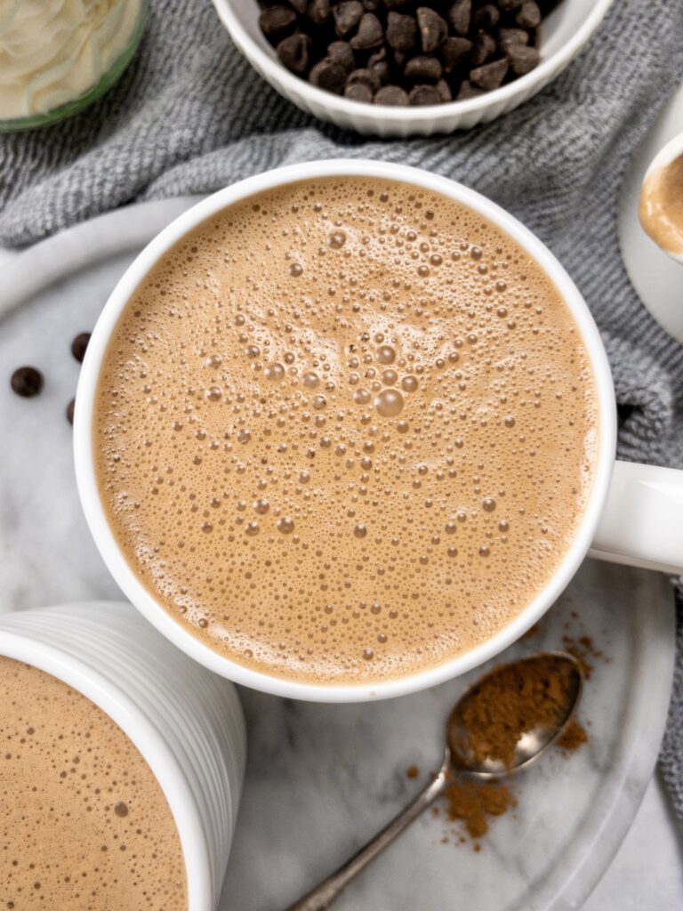 Creamy, cozy Keto Hot Chocolate made with a "bulletproof" boost of ghee + MCT oil.