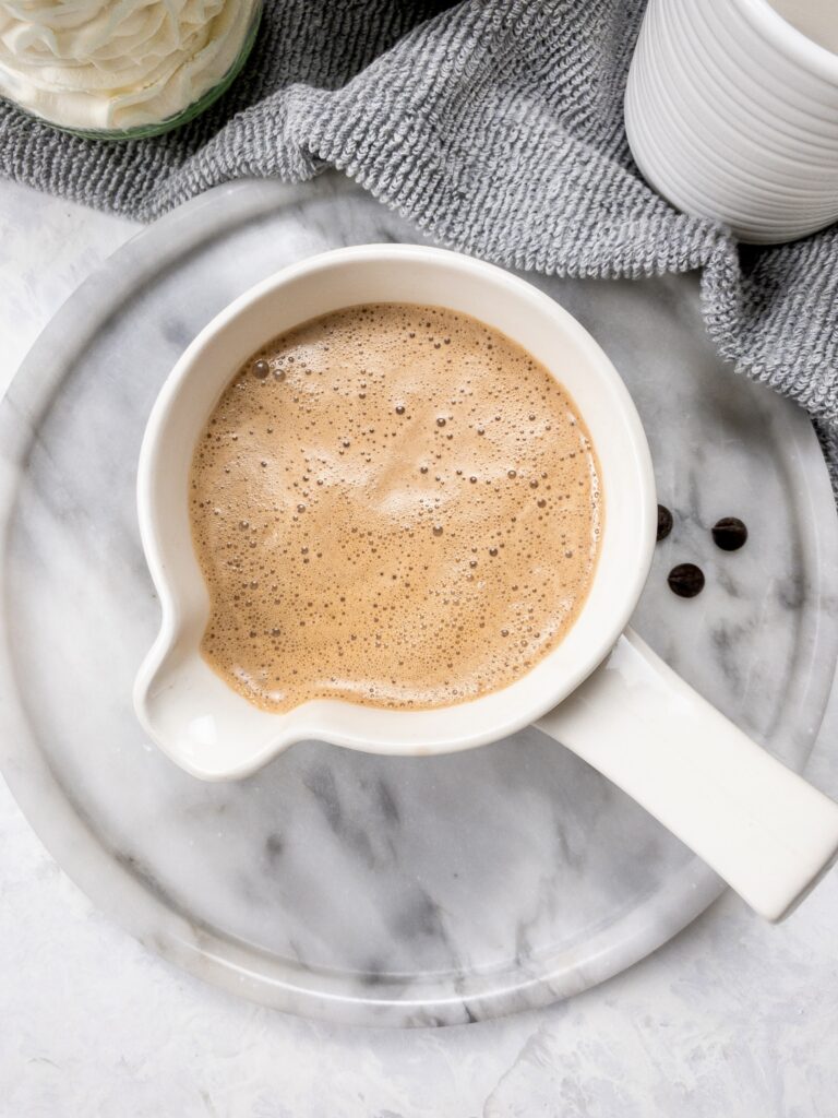 Keto Bulletproof Hot Chocolate made with a boost of ghee + MCT oil.