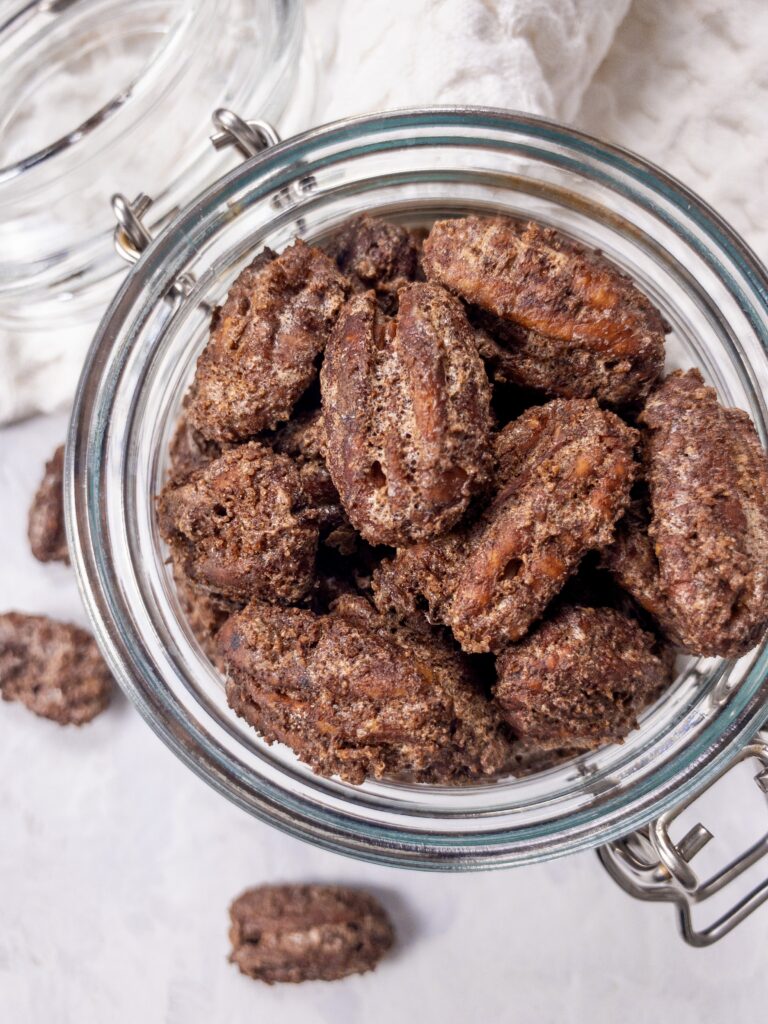 Sugar-free and keto-friendly Candied Pecans made with erythritol are crunchy, sweet, and warmly spiced.