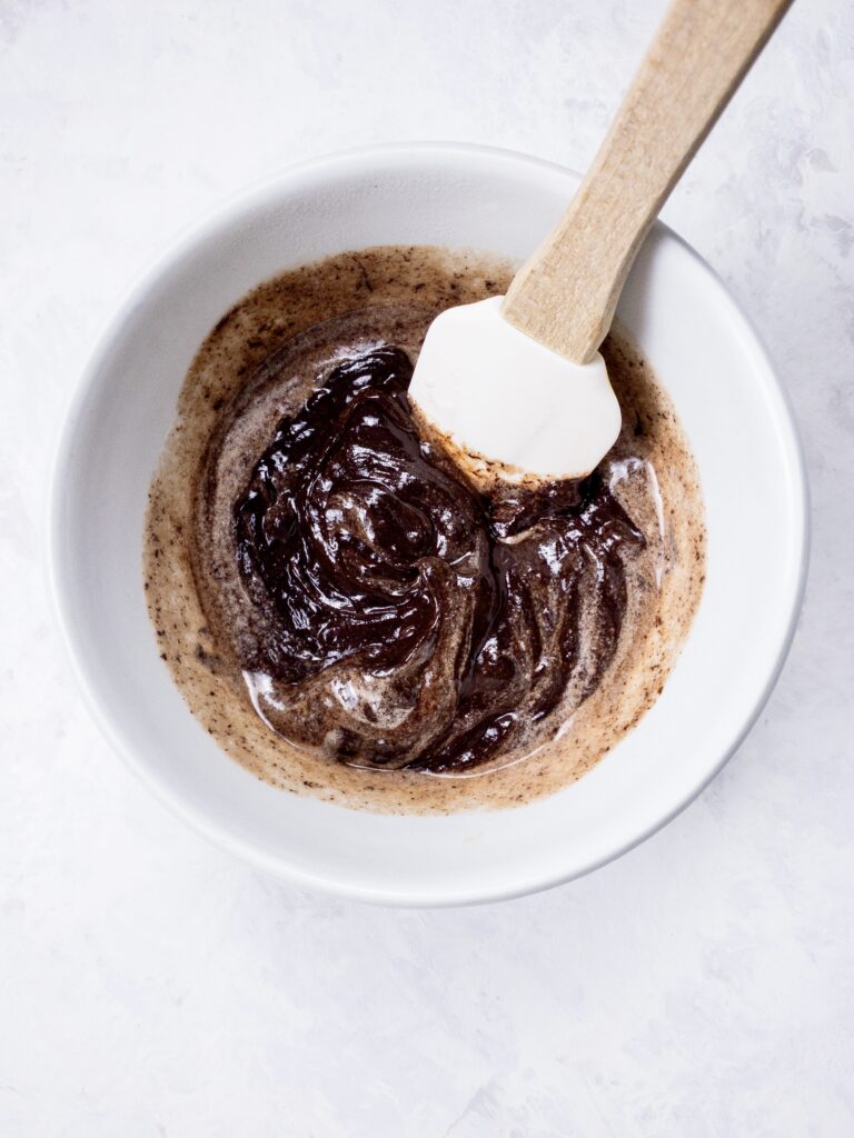 Coconut cream and melted dark chocolate stirred together to form a sugar-free, dairy-free ganache.