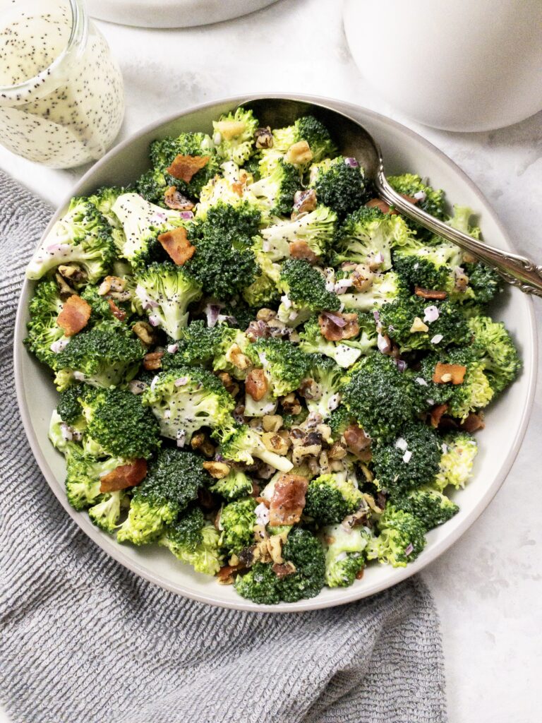 Broccoli Salad made keto-friendly without the addition of cranberries, for a hearty, low-carb take on a classic.