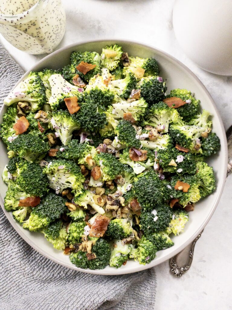 Simple poppy seed dressing is the perfect topping for Keto Broccoli Salad. It's creamy, tangy, and slightly sweet.