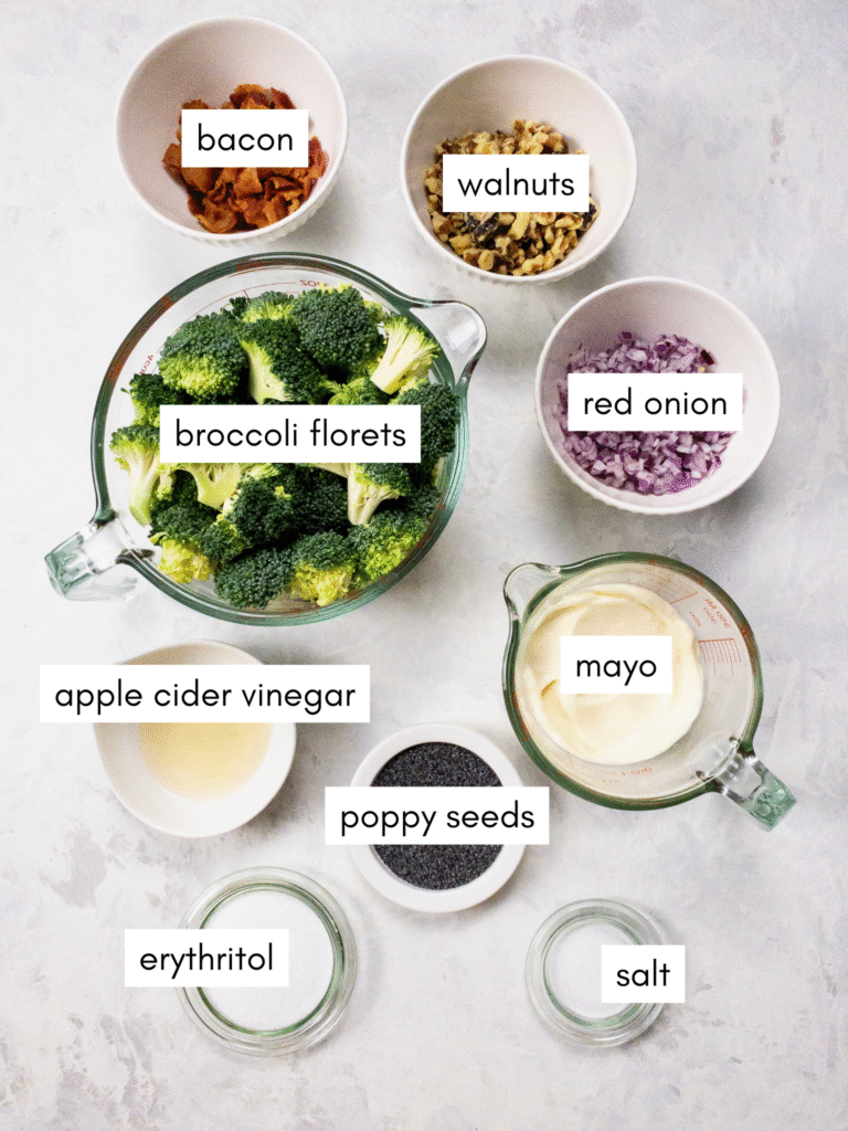 Ingredients needed for Keto Broccoli Salad: broccoli florets, bacon, walnuts, red onion, mayonnaise, apple cider vinegar, erythritol, poppy seeds, and salt.