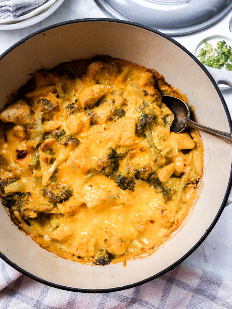 Classic chicken broccoli casserole made low-carb, gluten-free, and keto-friendly.