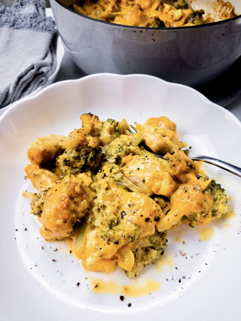 Cheesy chicken broccoli casserole, a retro classic recipe remade to be gluten-free and keto-friendly.