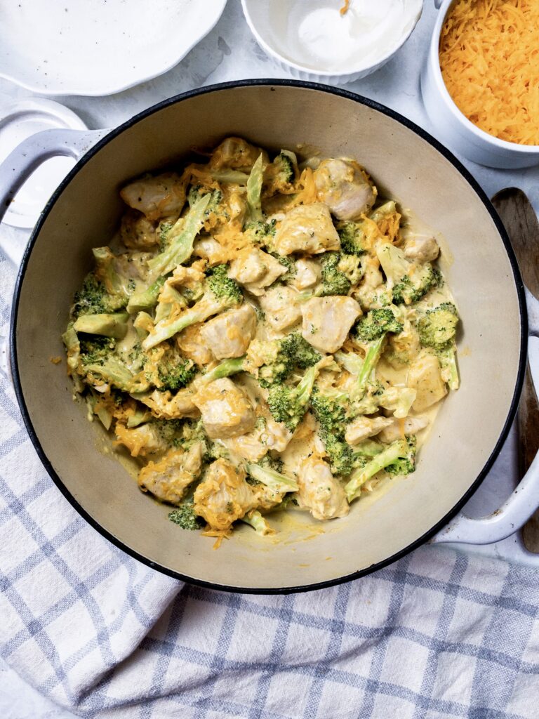 Tender chicken and broccoli florets in a rich cream cheese sauce.