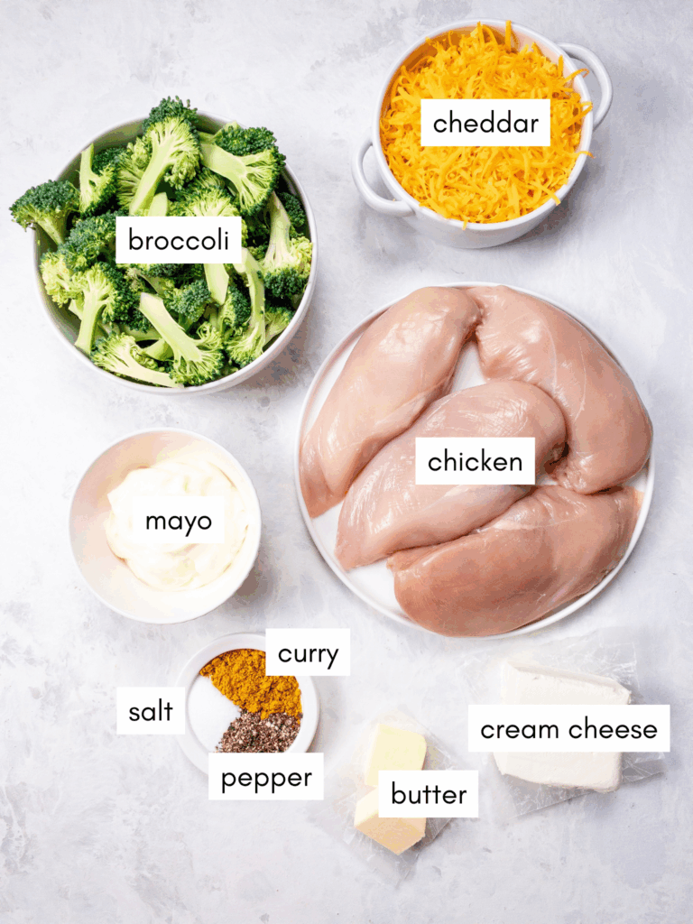 Ingredients needed for keto chicken broccoli casserole: chicken, broccoli, cheddar, cream cheese, butter, mayonnaise, curry powder, salt and pepper.