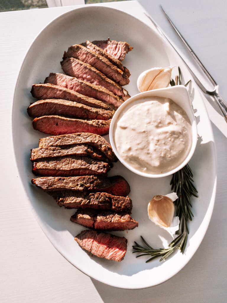 Perfectly medium-rare steak cooked in the air fryer. Plus a tasty horseradish cream for dipping.