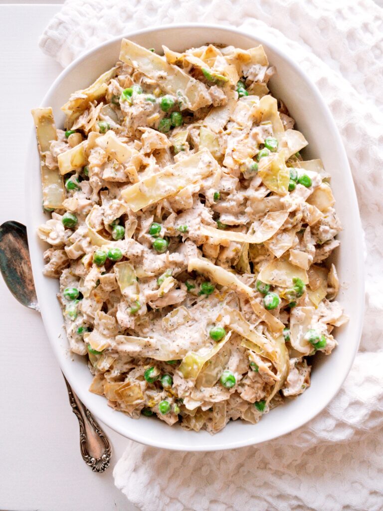 Savoury tuna casserole filling made with thickly sliced cabbage in place of noodles for a gluten-free and keto-friendly dish.